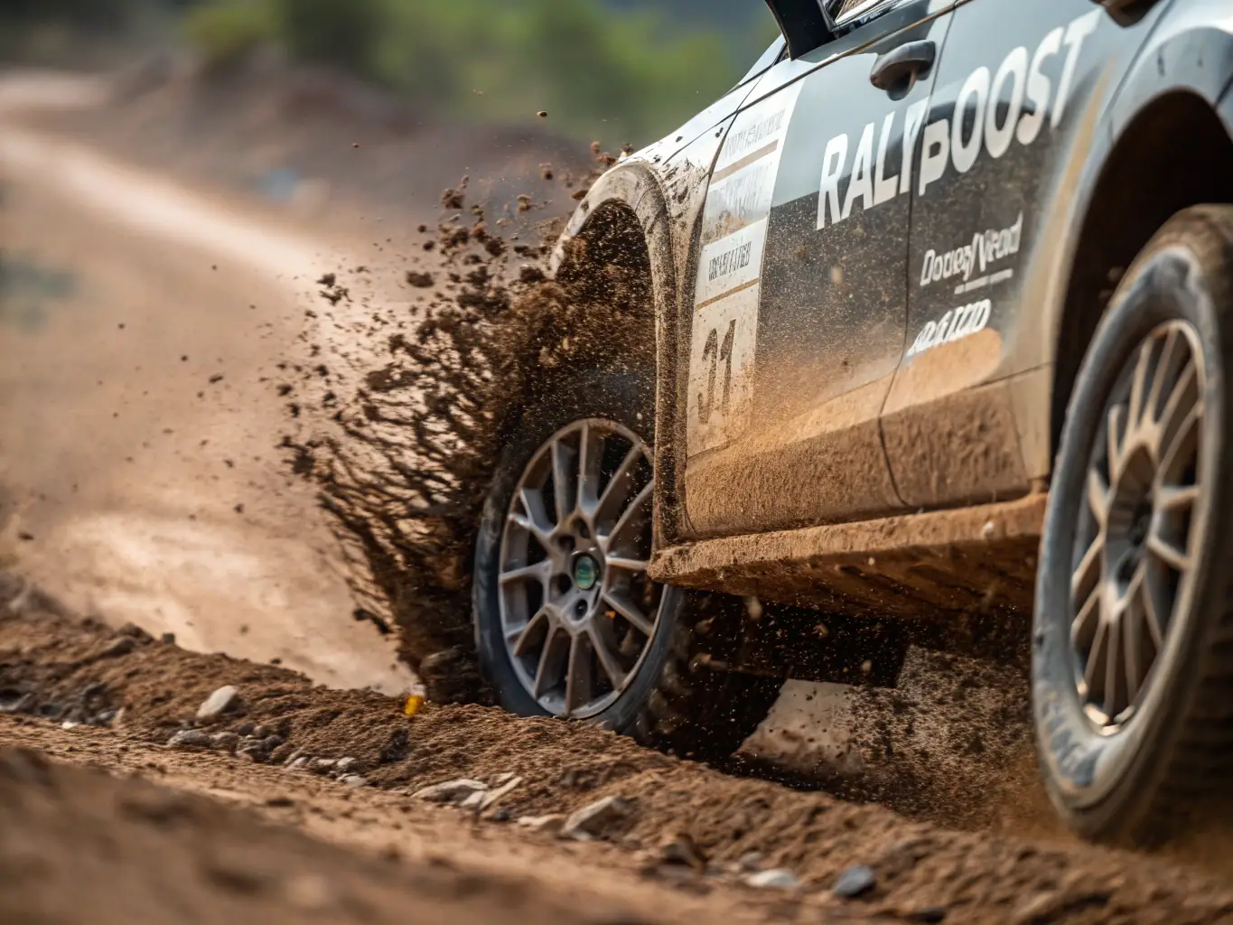 A dynamic shot of a rally car speeding through a dirt track, showcasing the excitement and skill involved in NOAH RACING CONCEPT's rally events.