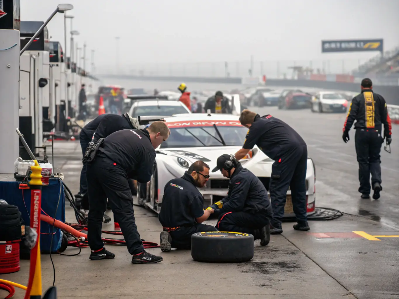 A group of NOAH RACING CONCEPT members working together on a race car in a garage setting, showcasing teamwork and collaboration.