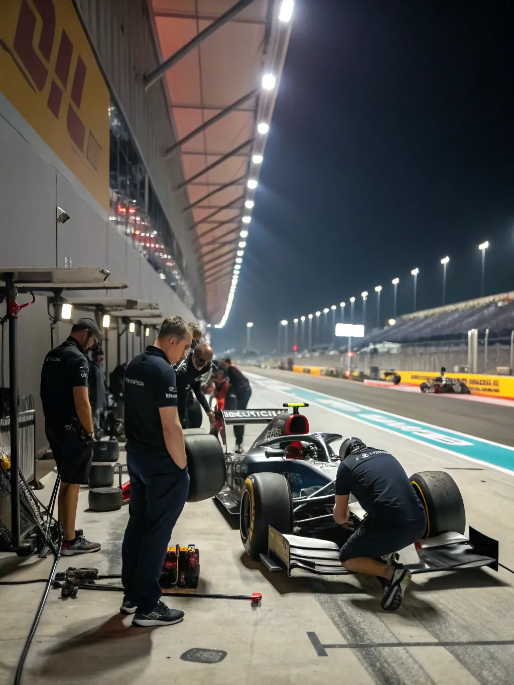 A group of NOAH RACING CONCEPT members collaborating on a car in the pit lane, demonstrating teamwork and the shared passion for motorsports, highlighting the collaborative environment within the organization.