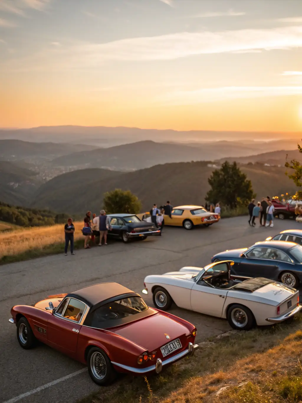 A group of classic car enthusiasts gathered at a scenic location during a NOAH RACING CONCEPT organized rally, highlighting the social and leisure aspects of the club.