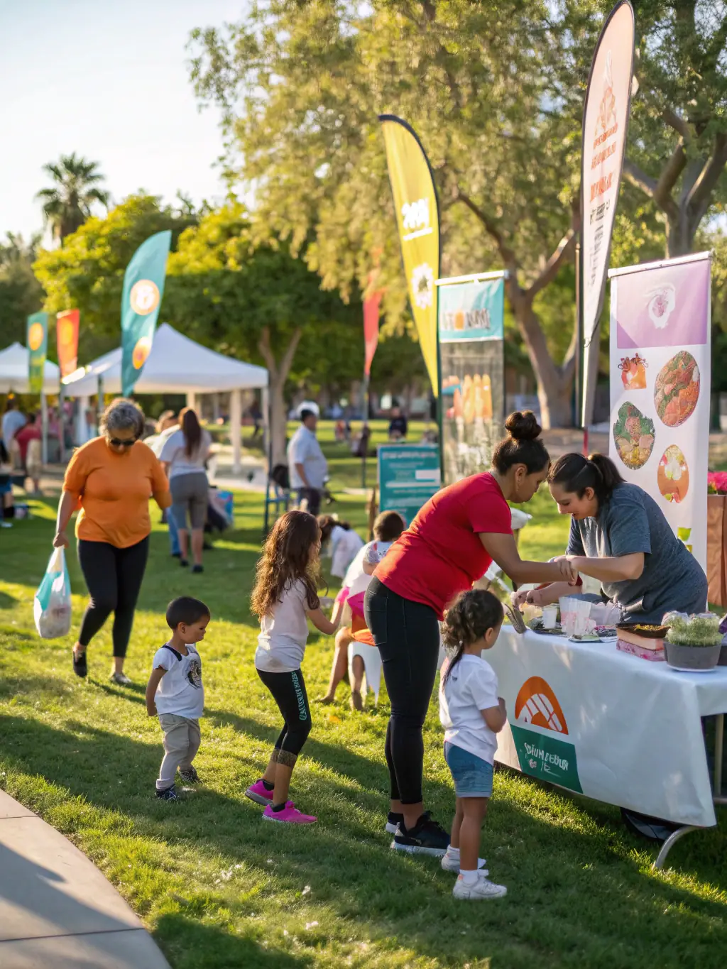 A vibrant image of a community event organized by NOAH RACING CONCEPT, featuring cars on display, food stalls, and families enjoying the day, showcasing the organization's community involvement.