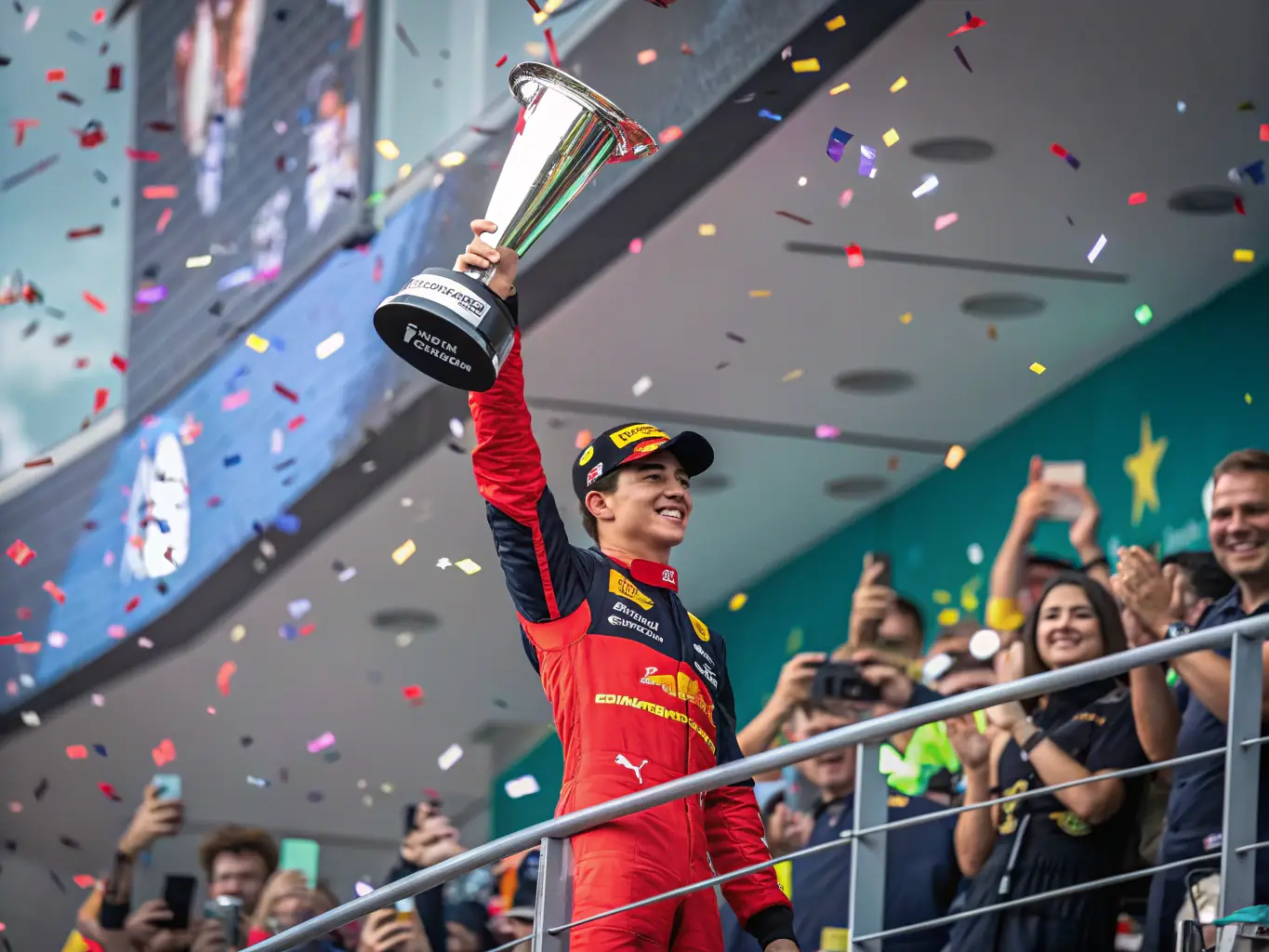 A NOAH RACING CONCEPT member celebrating a victory at a racing event, emphasizing the excitement and rewards of participation.