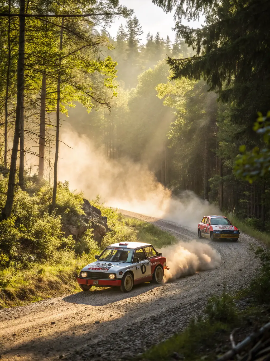 A group of drivers in racing suits standing beside their rally cars before an event, emphasizing the teamwork and preparation involved in NOAH RACING CONCEPT's competitions.