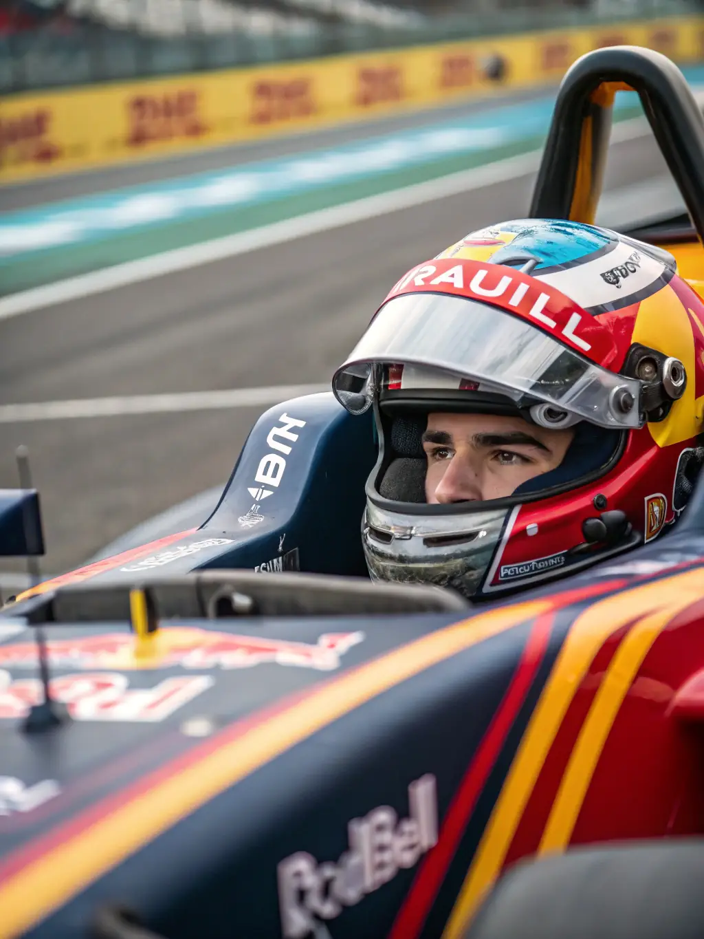 A close-up shot of a driver's focused expression inside a race car, highlighting the intensity and passion for motorsports fostered by NOAH RACING CONCEPT.