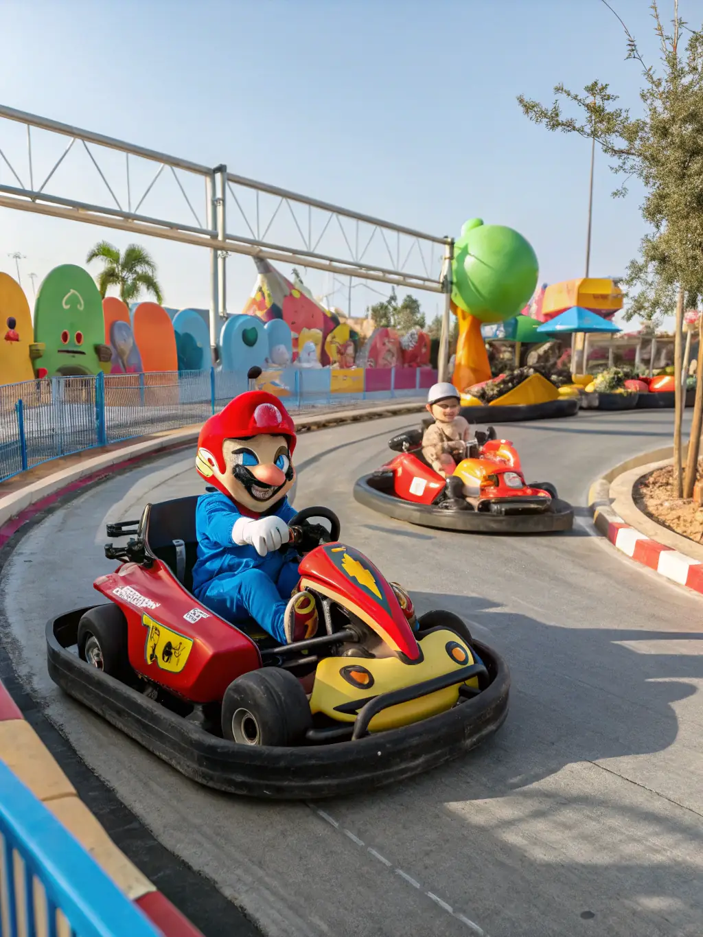 A high-speed go-kart race with several participants navigating a sharp turn, showcasing the competitive spirit and skill involved in NOAH RACING CONCEPT's leisure activities.