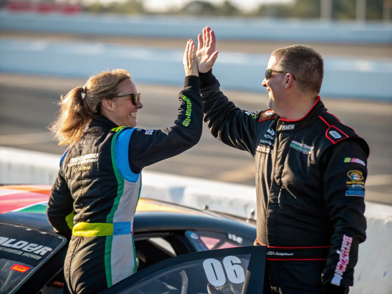 A group of NOAH RACING CONCEPT members celebrating a successful race, showcasing teamwork and camaraderie.