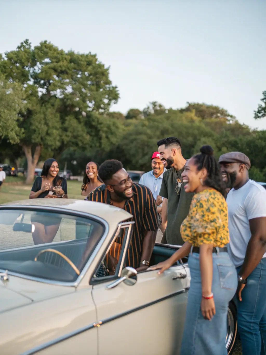 A diverse group of NOAH RACING CONCEPT members participating in a community event, such as a car show or charity drive, showcasing the organization's commitment to giving back and making a positive impact, highlighting the community engagement aspect.