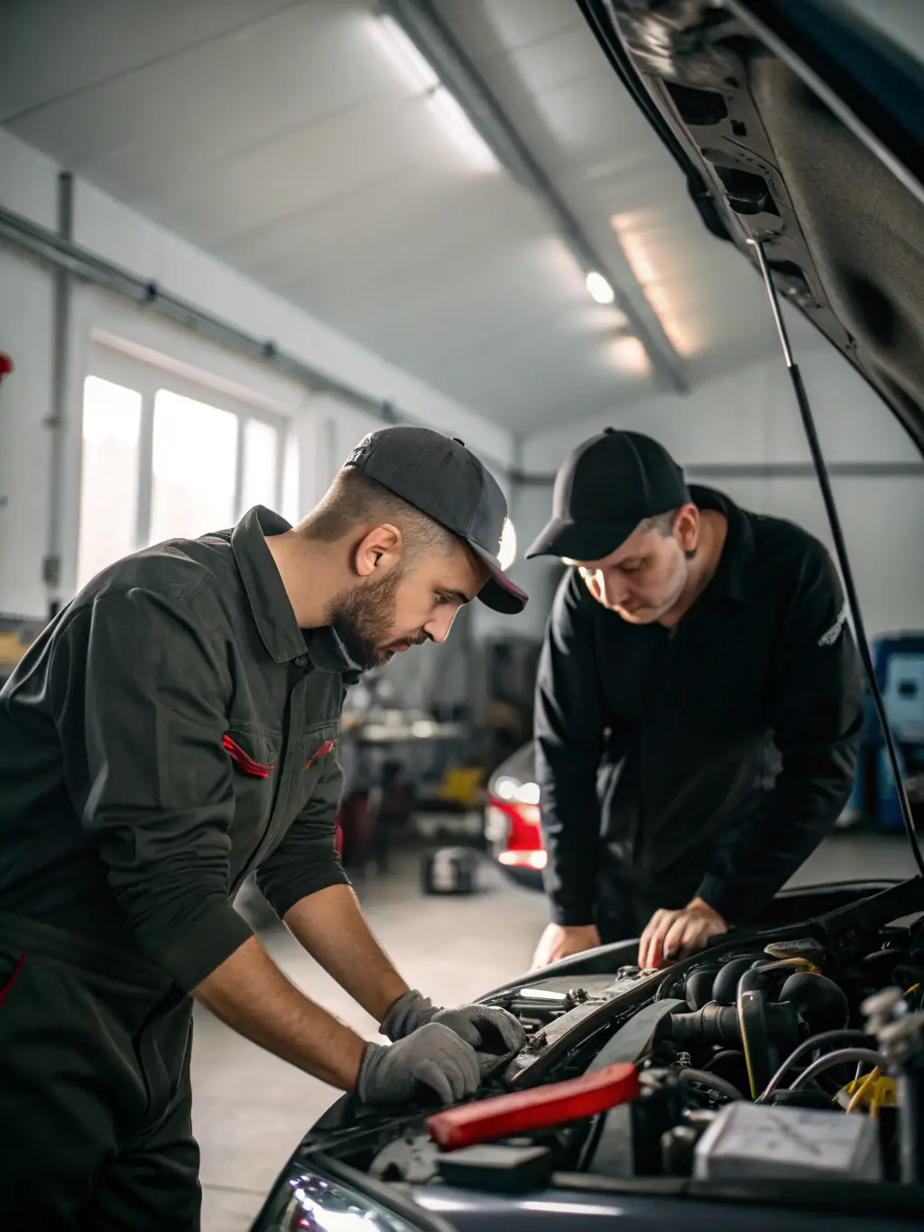 A team of NOAH RACING CONCEPT members working together on a race car in a garage, demonstrating the teamwork and technical skills involved in motorsports.